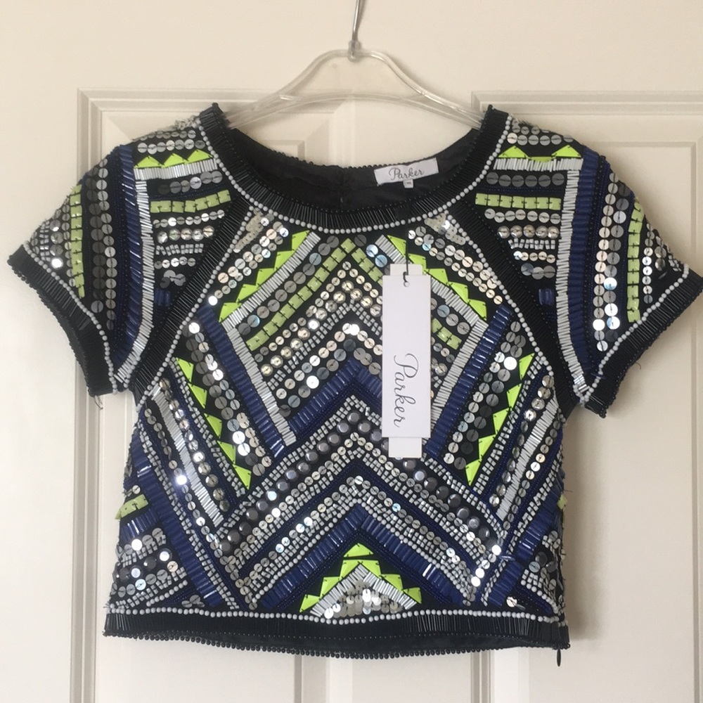 NWT Parker Fully Beaded Short Sleeve Crop Top XS